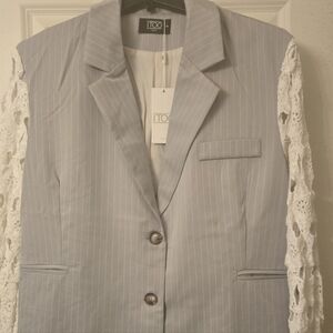 Women's Pinstripe Blazer with Lace Sleeves